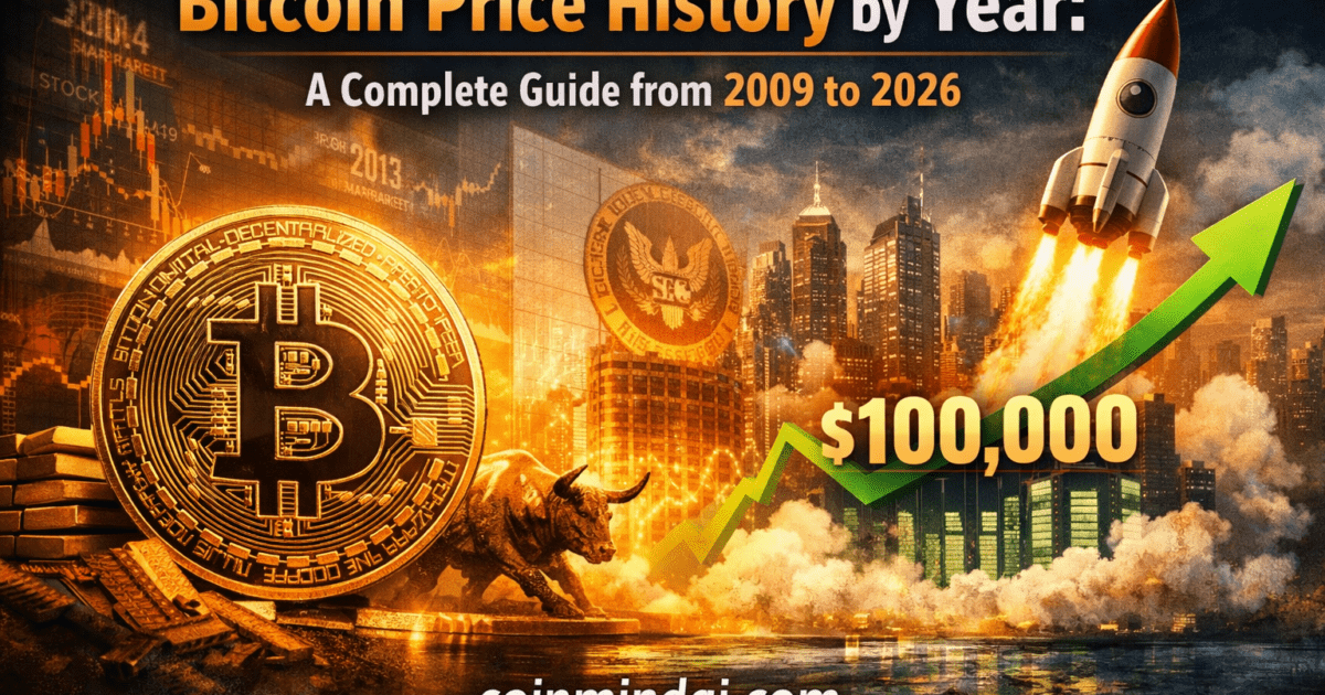 Bitcoin price history from 2009 to 2026 every year, every crash, every all-time high explained. Full halving cycle data, key events, and price tables included.